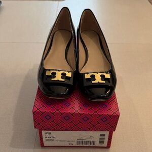 Tory Burch Black Patent Leather Flats with Gold Accents